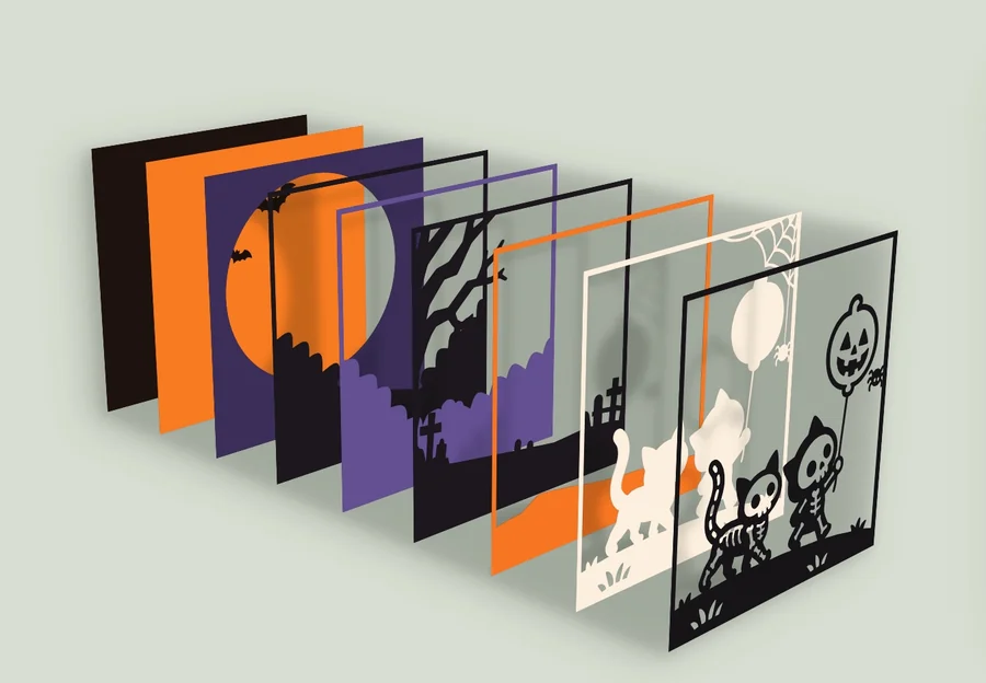 Exploded view of the 9 layers of the skeleton cats Halloween shadow box template
