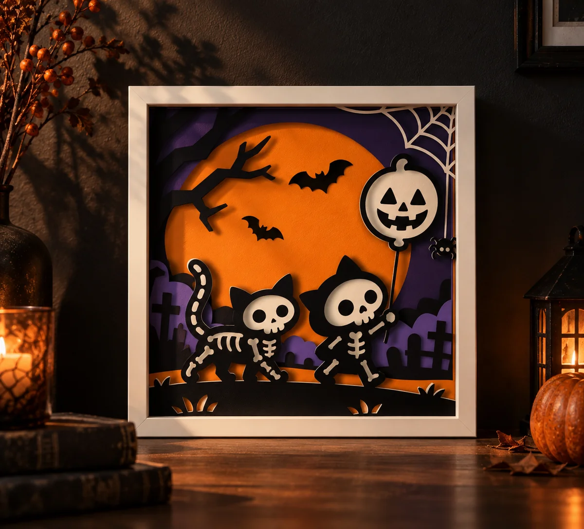 Skeleton cats Halloween shadow box layered papercut displayed in a room