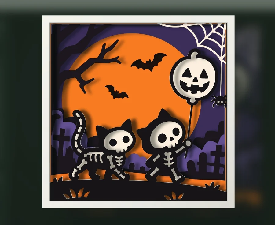 Finished skeleton cats Halloween shadow box layered papercut in a frame