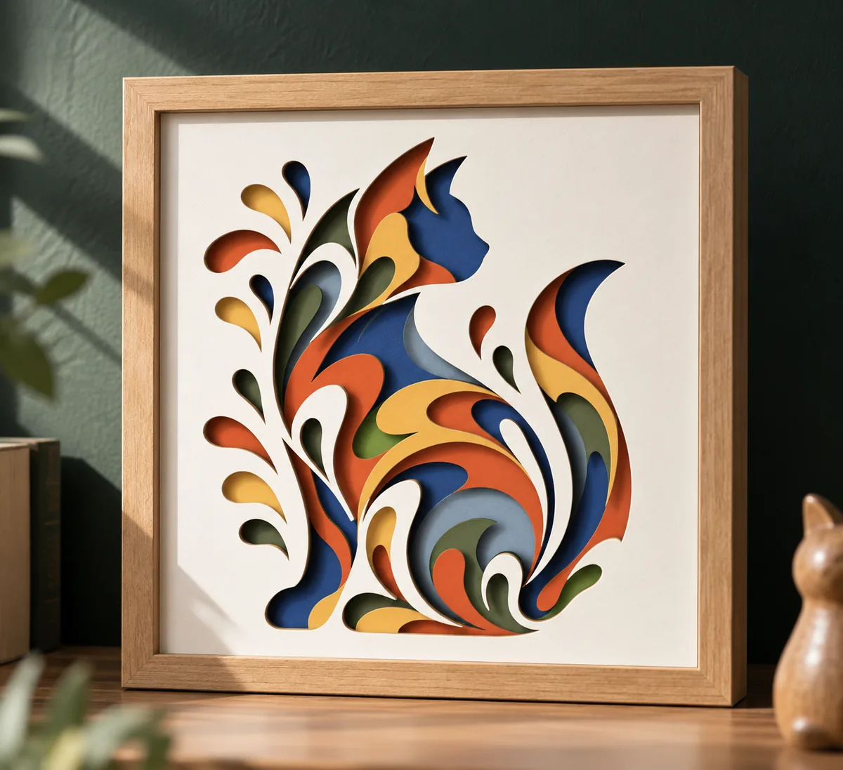Layered cat papercut displayed in a room
