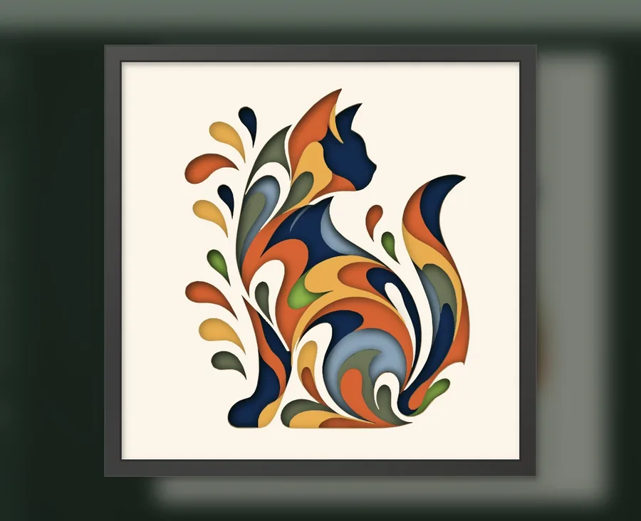 Finished cat layered papercut in a frame