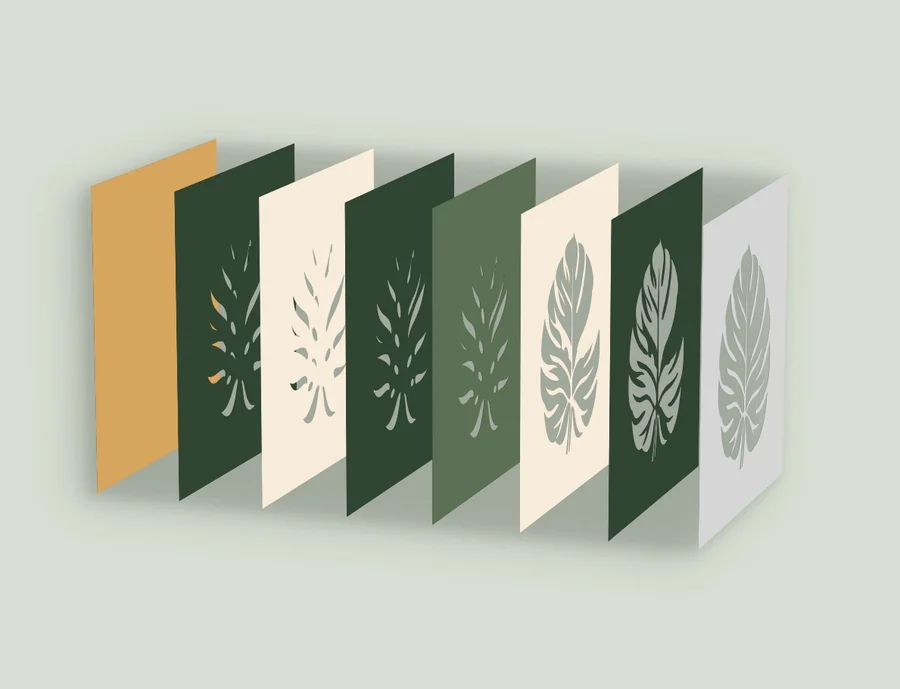 Exploded view of the 8 layers of the monstera leaf template