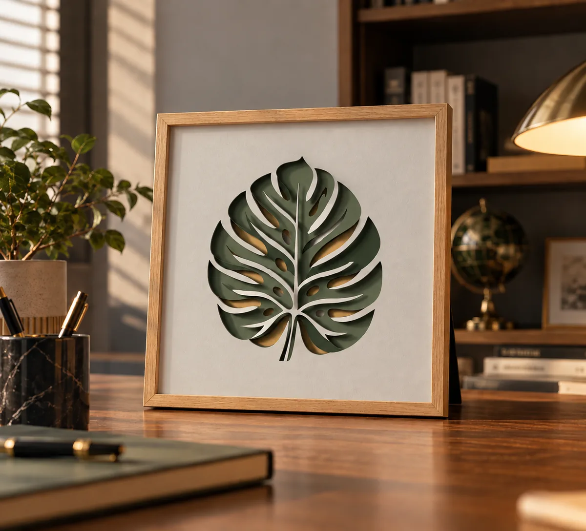 Monstera leaf layered papercut displayed in a room