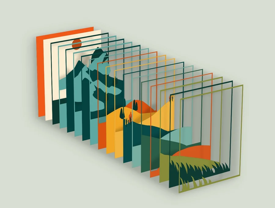 Exploded view of the 18 layers of the mountain landscape template