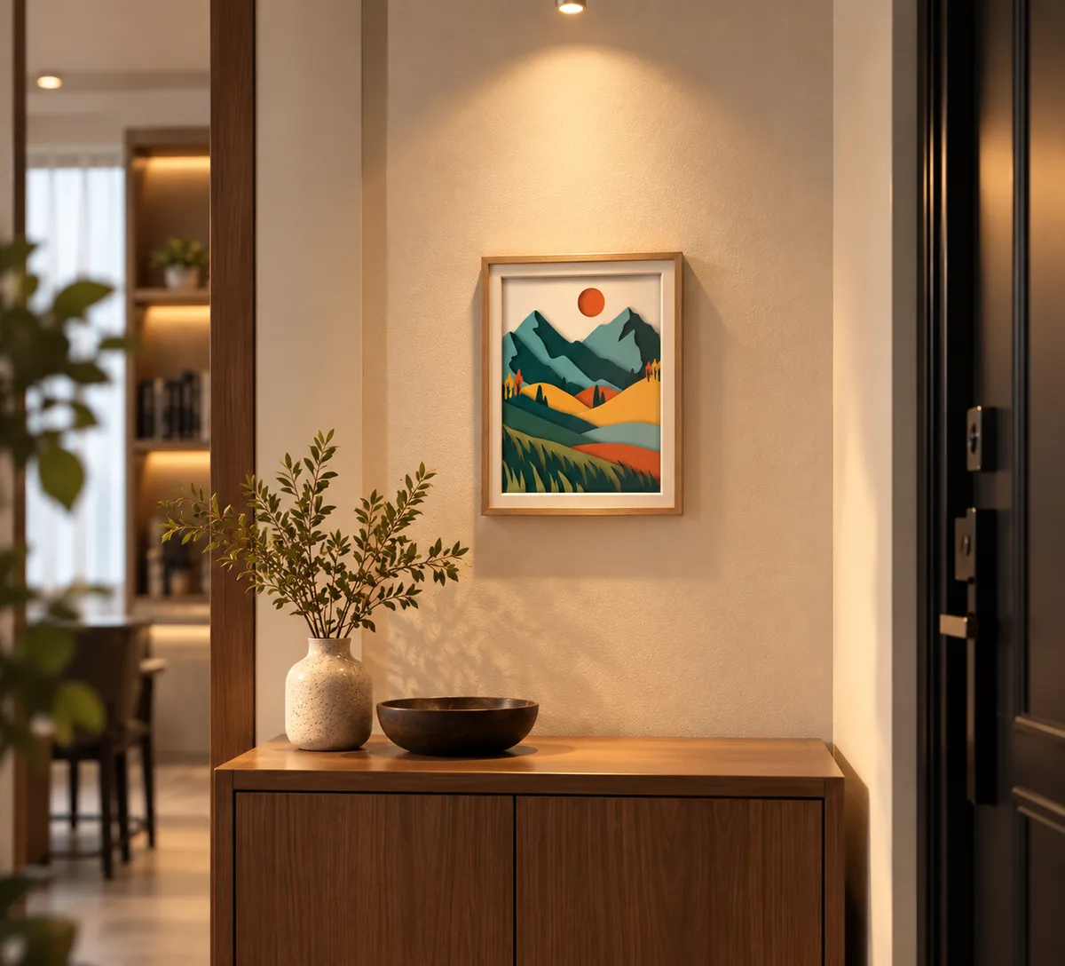 Mountain landscape layered papercut displayed in a room
