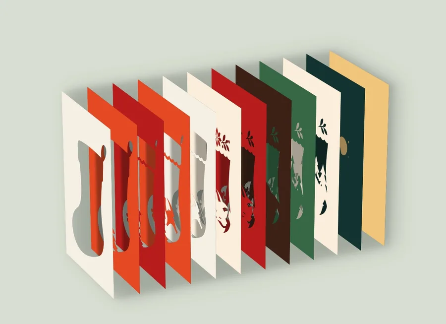 Exploded view of the 12 layers of the sleeping fox Christmas stocking template