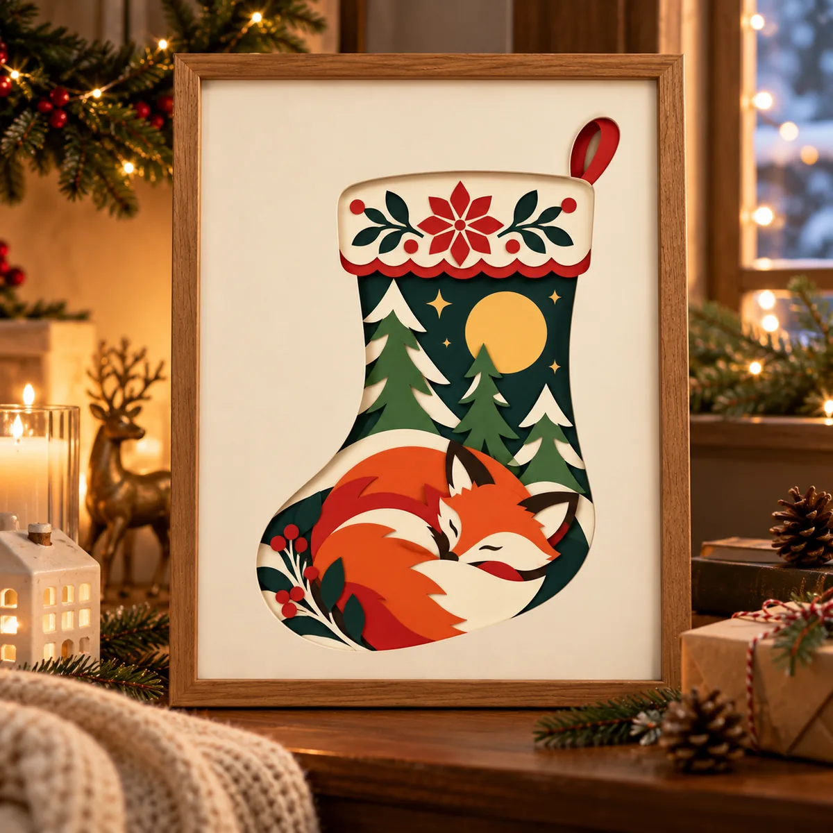 Sleeping fox Christmas stocking layered papercut displayed in a room