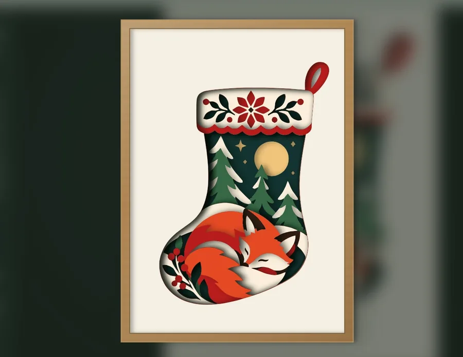 Finished sleeping fox Christmas stocking layered papercut in a frame