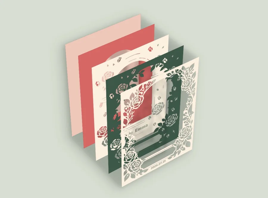 Exploded view of the 5 layers of the wedding anniversary shadow box frame template